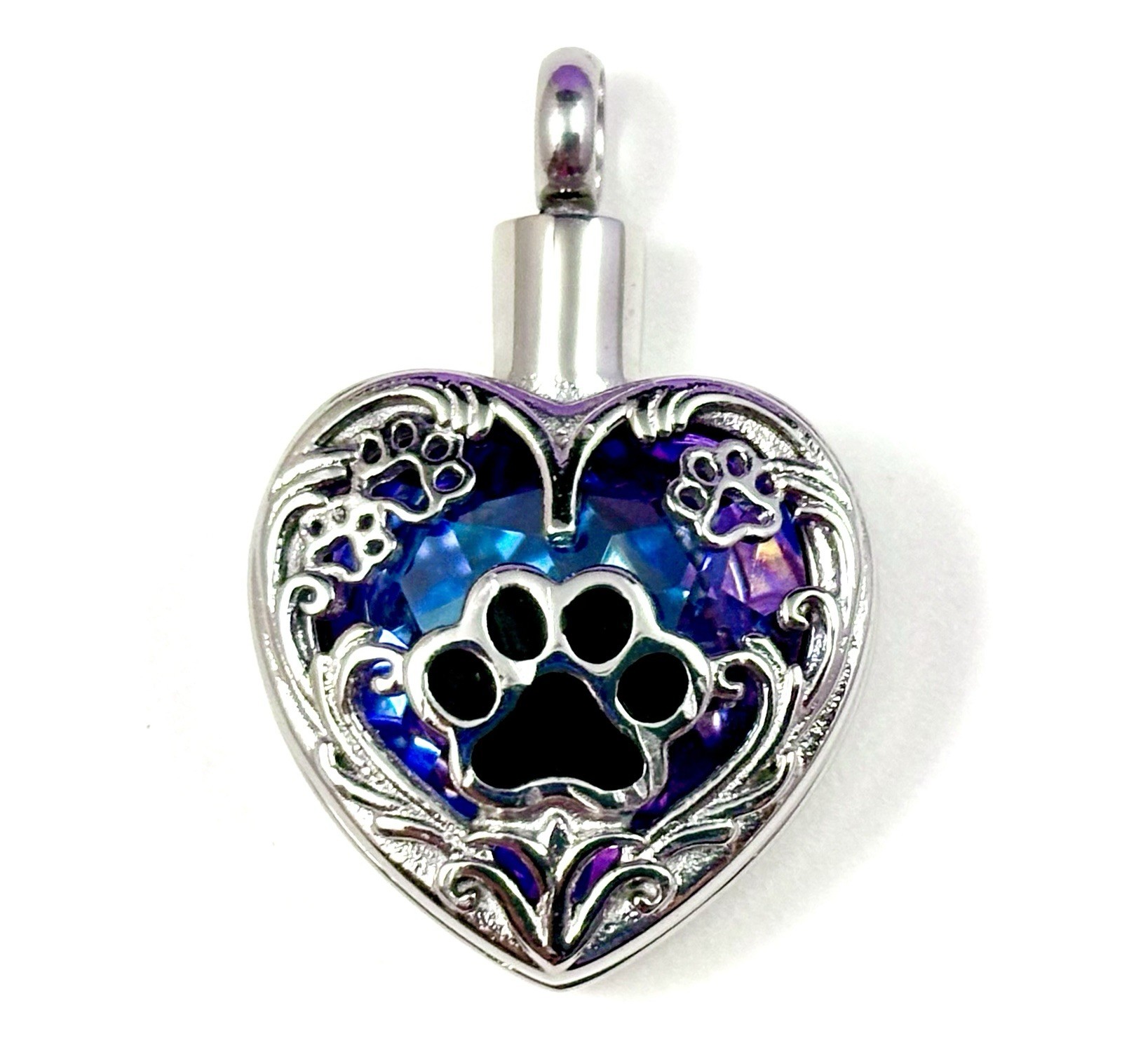 Keyring Urn .5″ Key Chain Pawprints Pet Cremation Pendant Ashes Dog Cat Purple