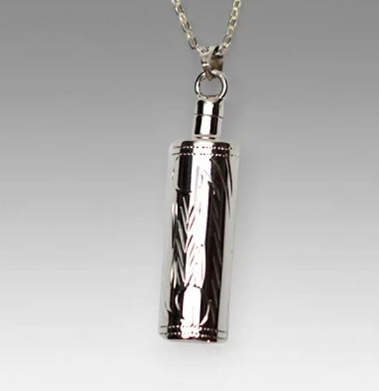 Sterling Silver Etched Cylinder Funeral Cremation Urn Pendant w/Chain for Ashes