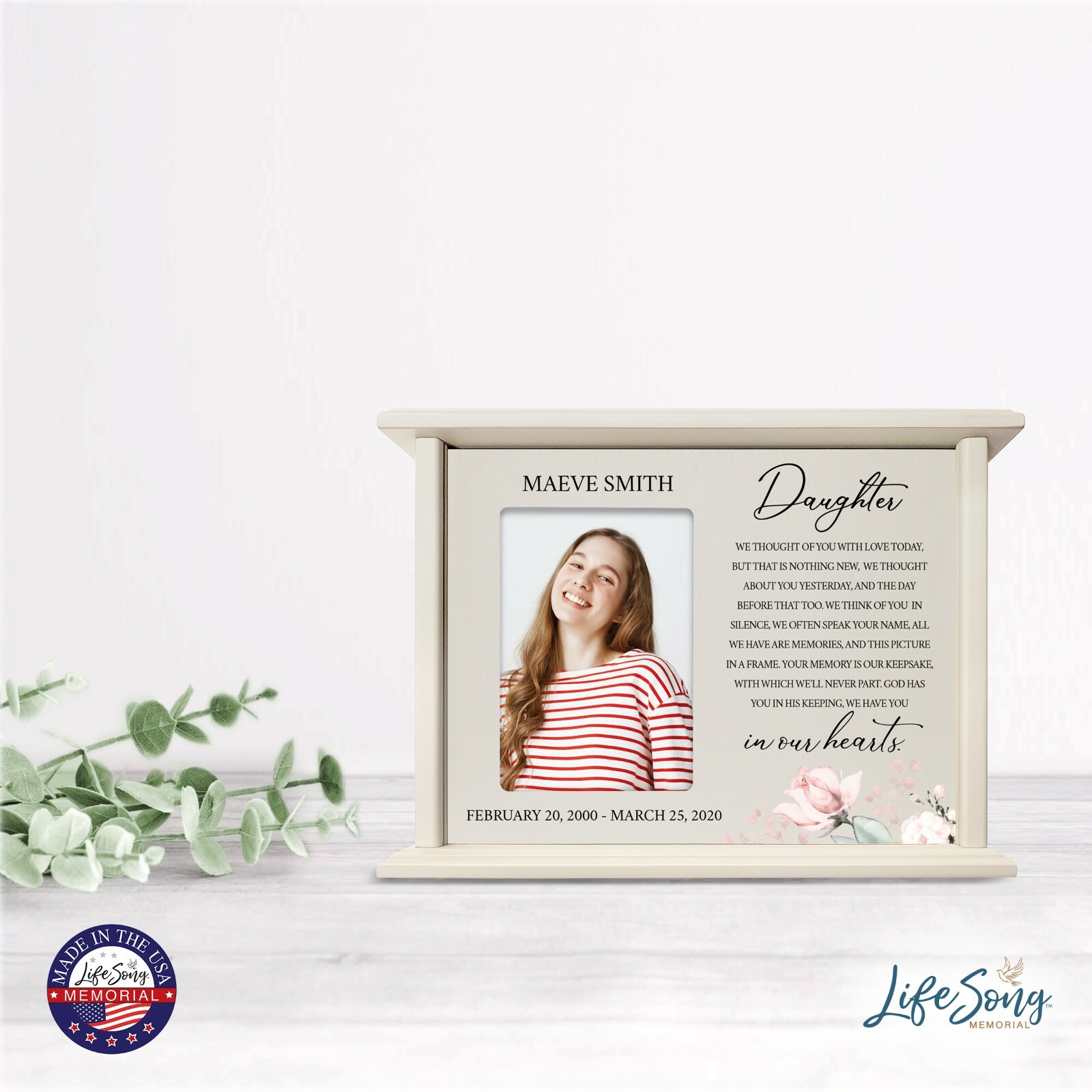 Custom Cremation Urn Box Holds 200 cu in w/ 4×6 Photo – We Thought of (Daughter)