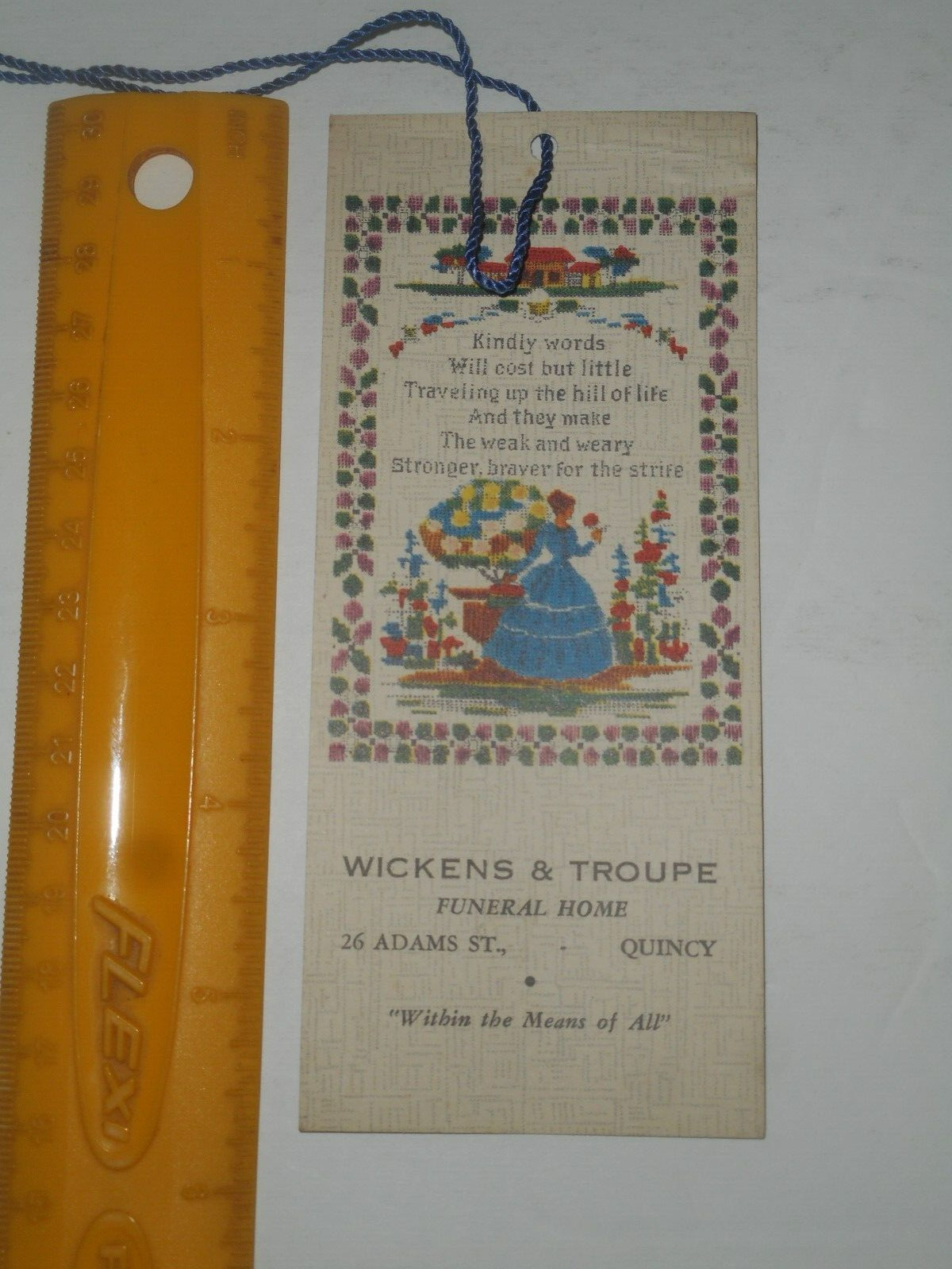 WICKENS & TROUPE Quincy MA Funeral Home Tally Card Bookmark 1950’s Vintage Nos