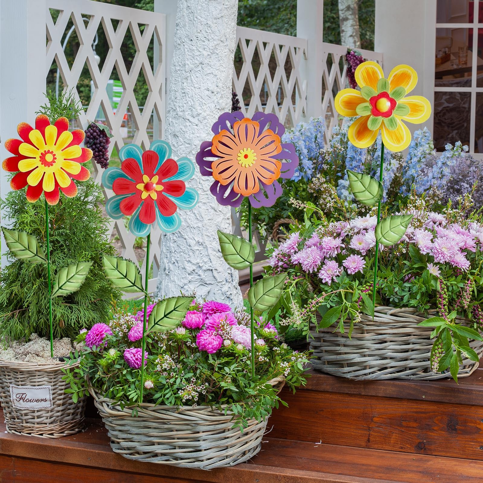 Metal Flowers for Outside,4 Pack 16.33″ Decorative Garden Stakes with Swayin