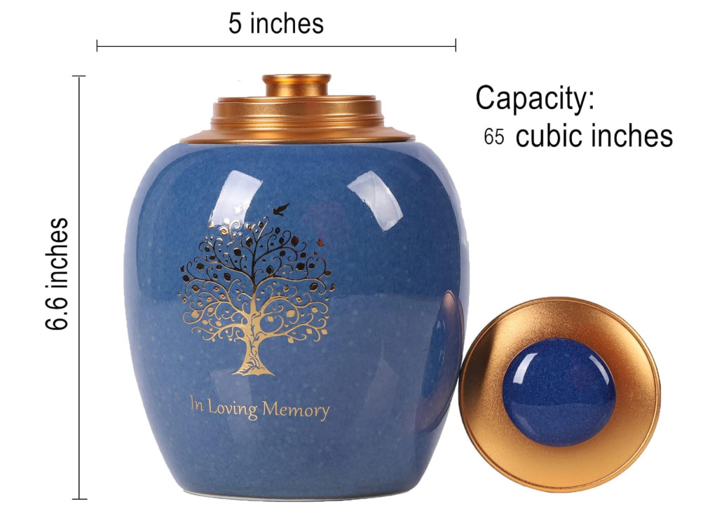Ceramic Tree of Life Urn for Human Pet Ashes 65 Cu in Keepsake Medium Blue Jar