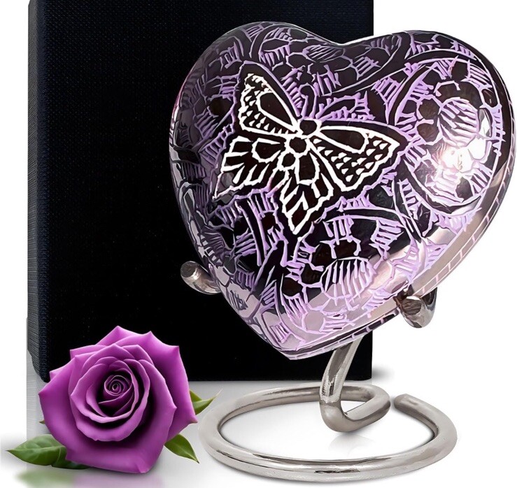Butterfly Heart Urn – Heart Keepsake Urn for Human Ashes with Stand & Box Pretty