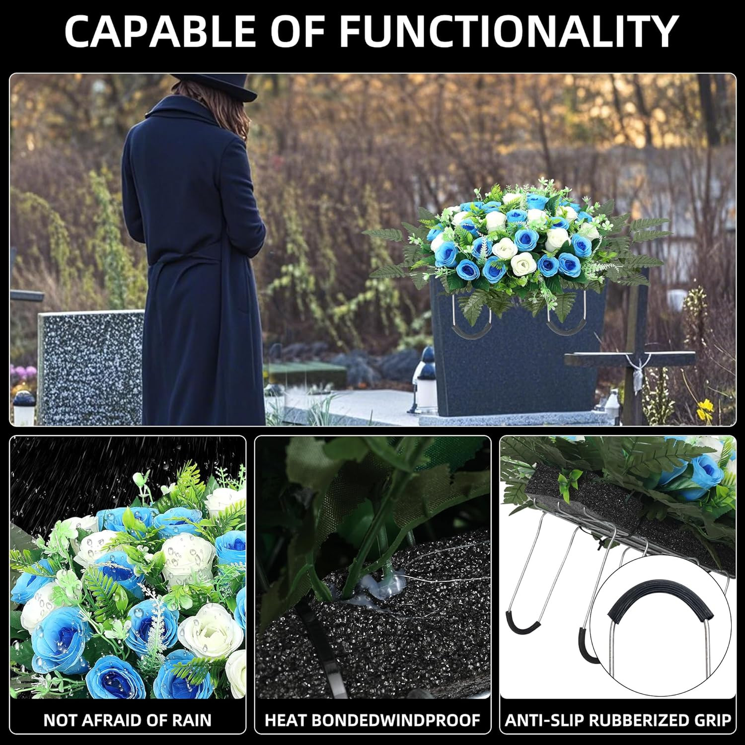 Realistic Large Cemetery Flowers for Grave Memorial – 3Pcs Blue White Set