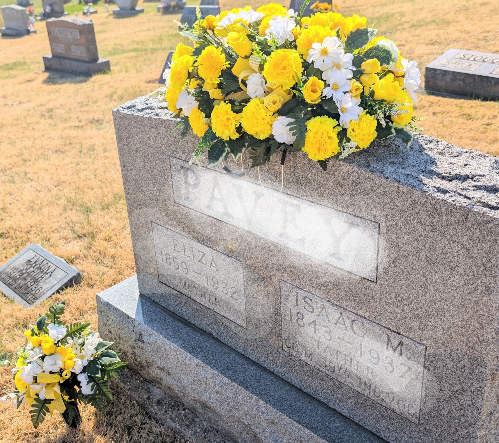 Yellow and White Cemetery Saddle Vase Set, Carnations Headstone Saddle