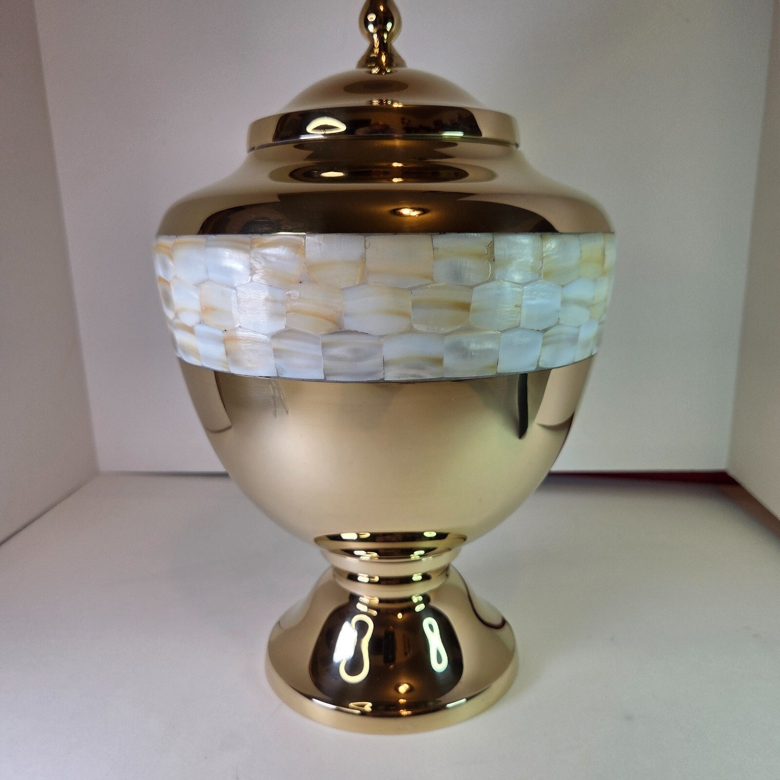 Large 12″ Metal Brass Mother of Pearl Chalice Urn for Human Ashes