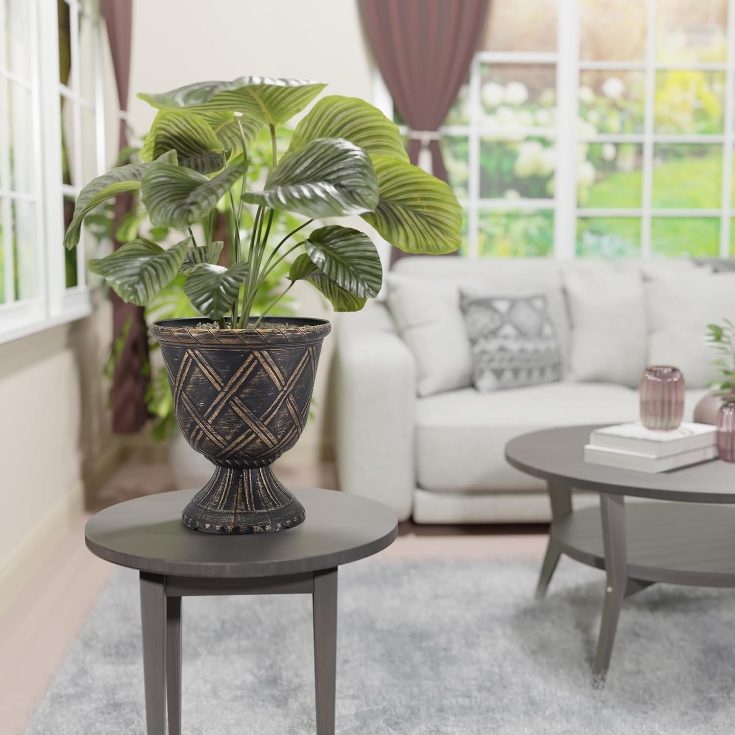 Classic Decorative Garden Urn in Gold, Lattice Pattern for Indoor Outdoor Plants