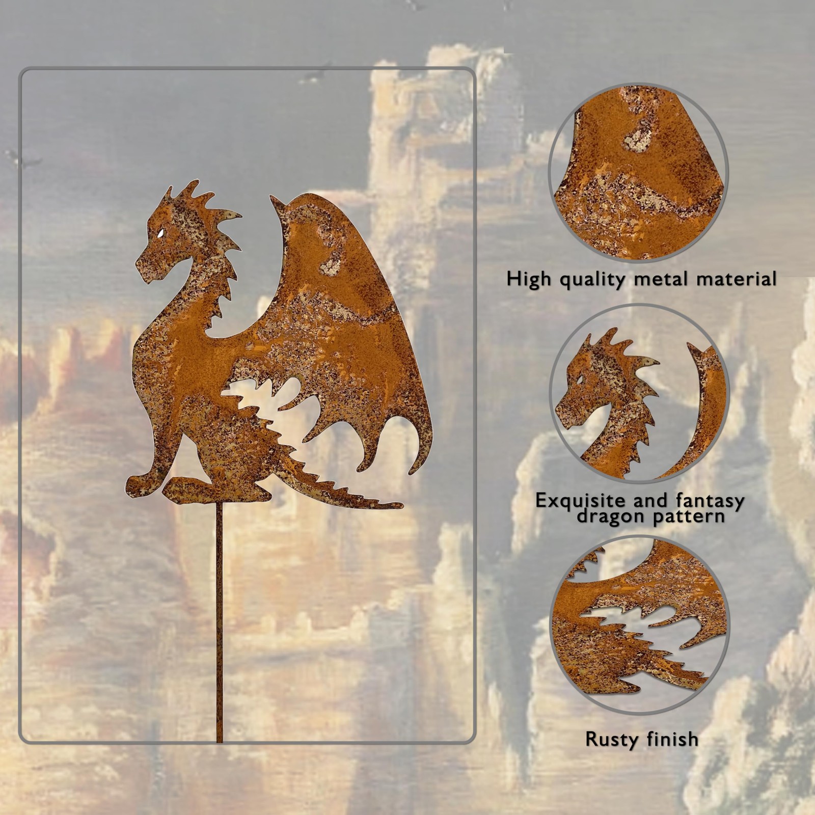 Rusty Fantasy Dragon Garden Stakes Decor, 24 Inch Metal Yard Art Decor, Decorati
