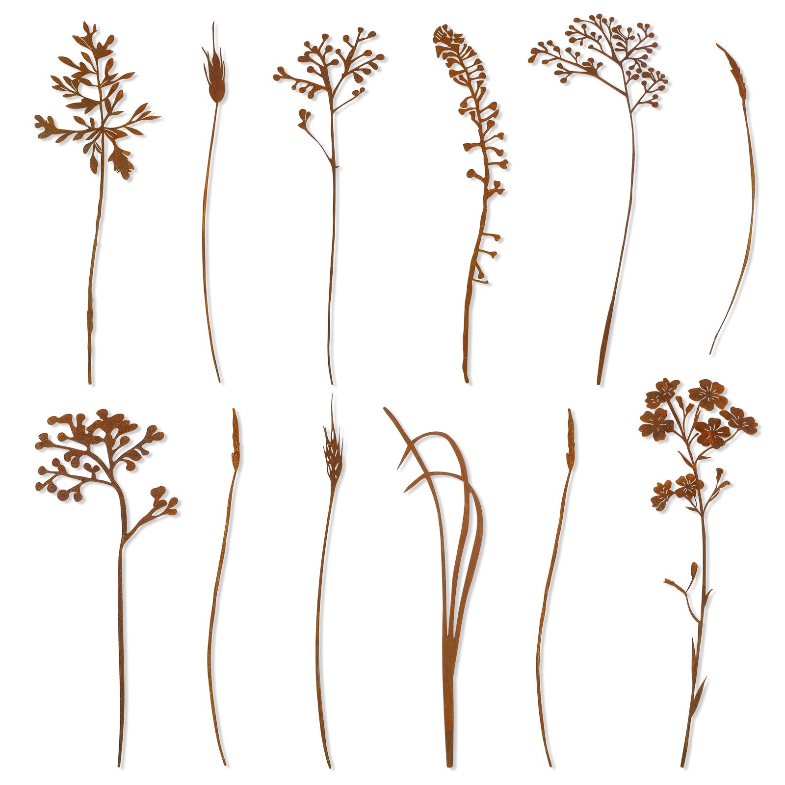 12 Pcs Rusty Metal Flower Garden Stakes for Yard Art and Outdoor Decor