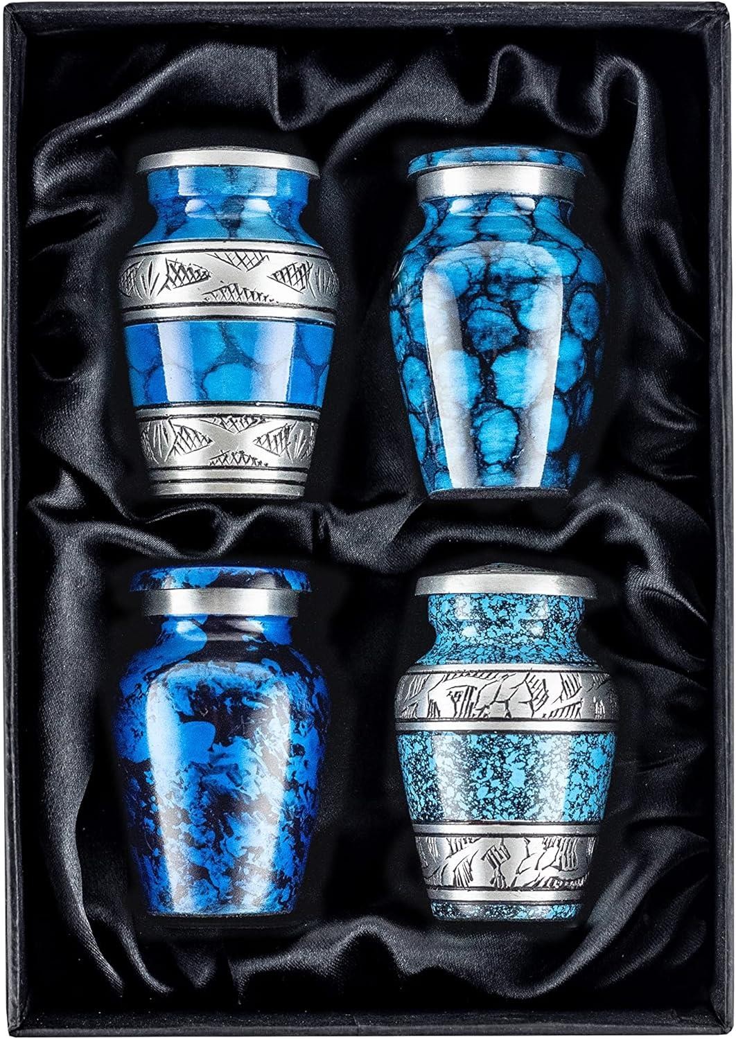 Cremation Urns – 4 Small Mini Urns for Human Ashes in Keepsake Box (Blue, 4)