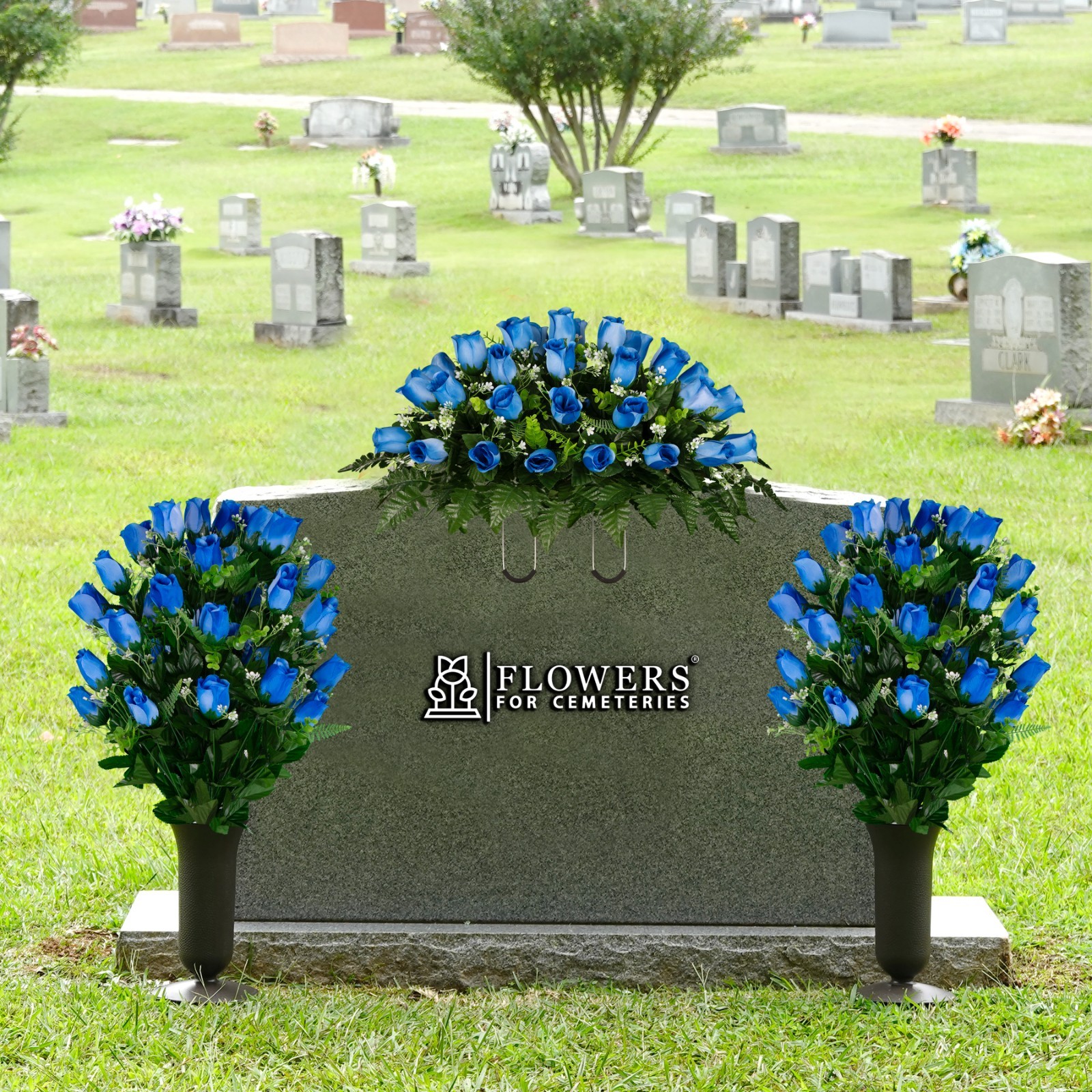 Artificial Cemetery Flowers – Blue Rose Saddle, Bouquets & Vases