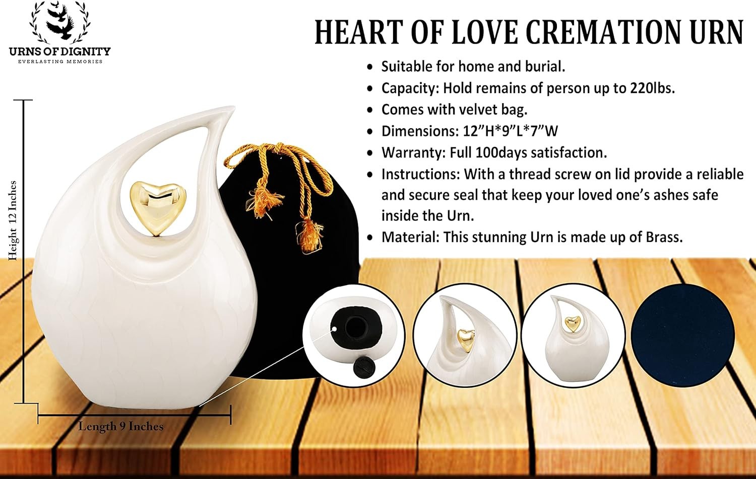 Heart of Love Cremation Urn for Adult Human Ashes, 12in, White With Gold Heart