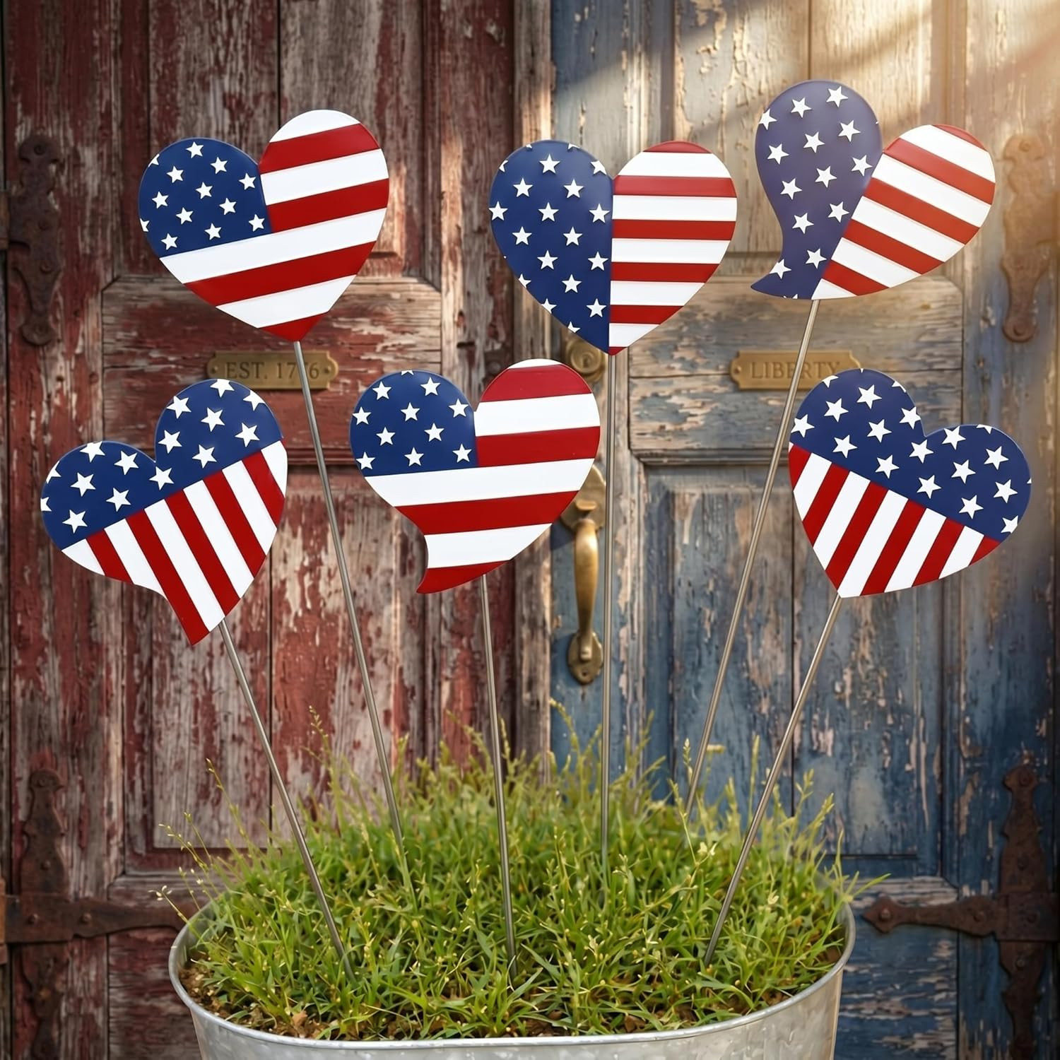 6 Pcs 12″ H Patriotic Yard Decor 4Th of July Outdoor Decor Red White Blue Heart