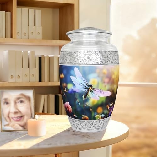 Large Decorative Cremation Urn for Adult Ashes – Floral Dragonfly Design, Burial