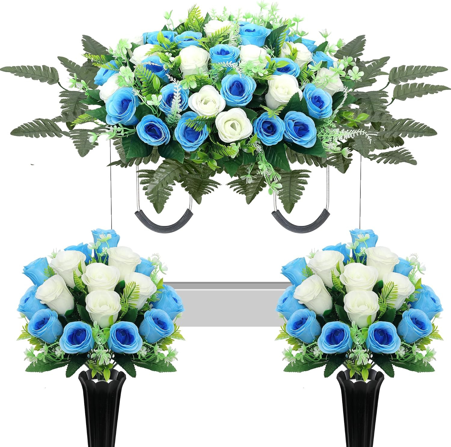Realistic Large Cemetery Flowers for Grave Memorial – 3Pcs Blue White Set