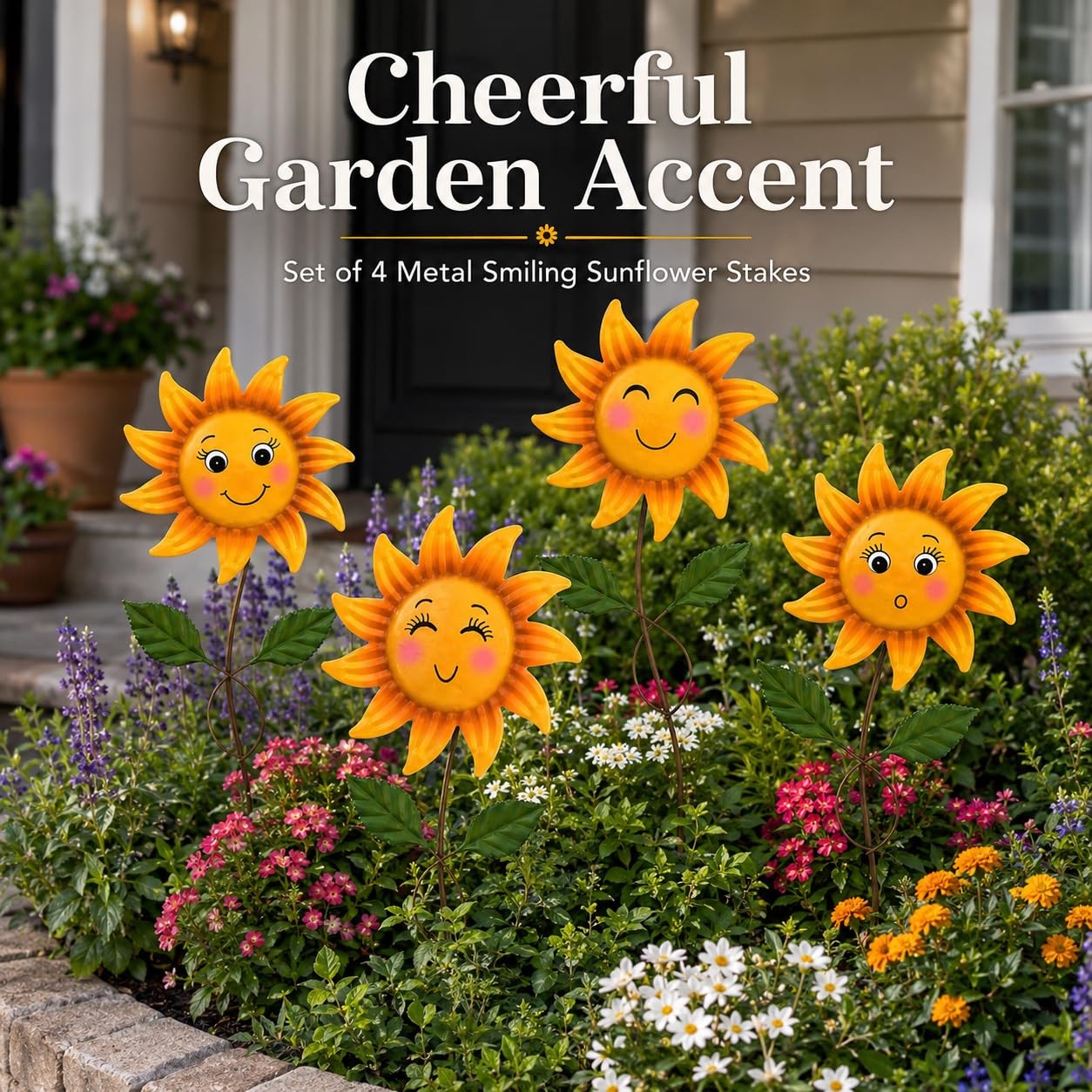 Charming 4-Pack Metal 20.5″ Smiley Sunflower Garden Stakes for Outdoor Decor