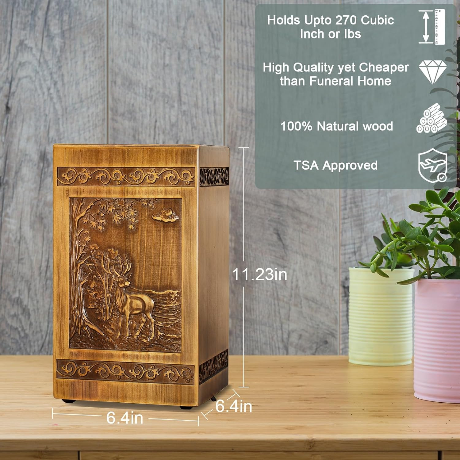 Wooden Cremation Urns for Human Ashes Adult Male Female Deer Carving Handmade Wo