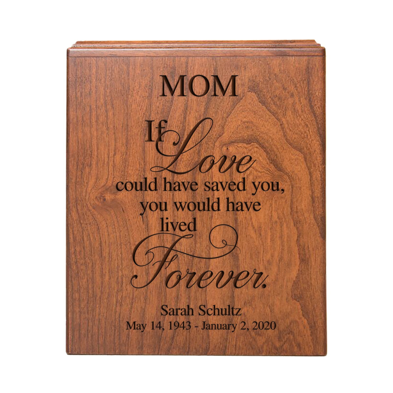 Custom Wooden Economy Urn Box holds 280 cu in of Human Ashes 7.75×9.5 – Mom