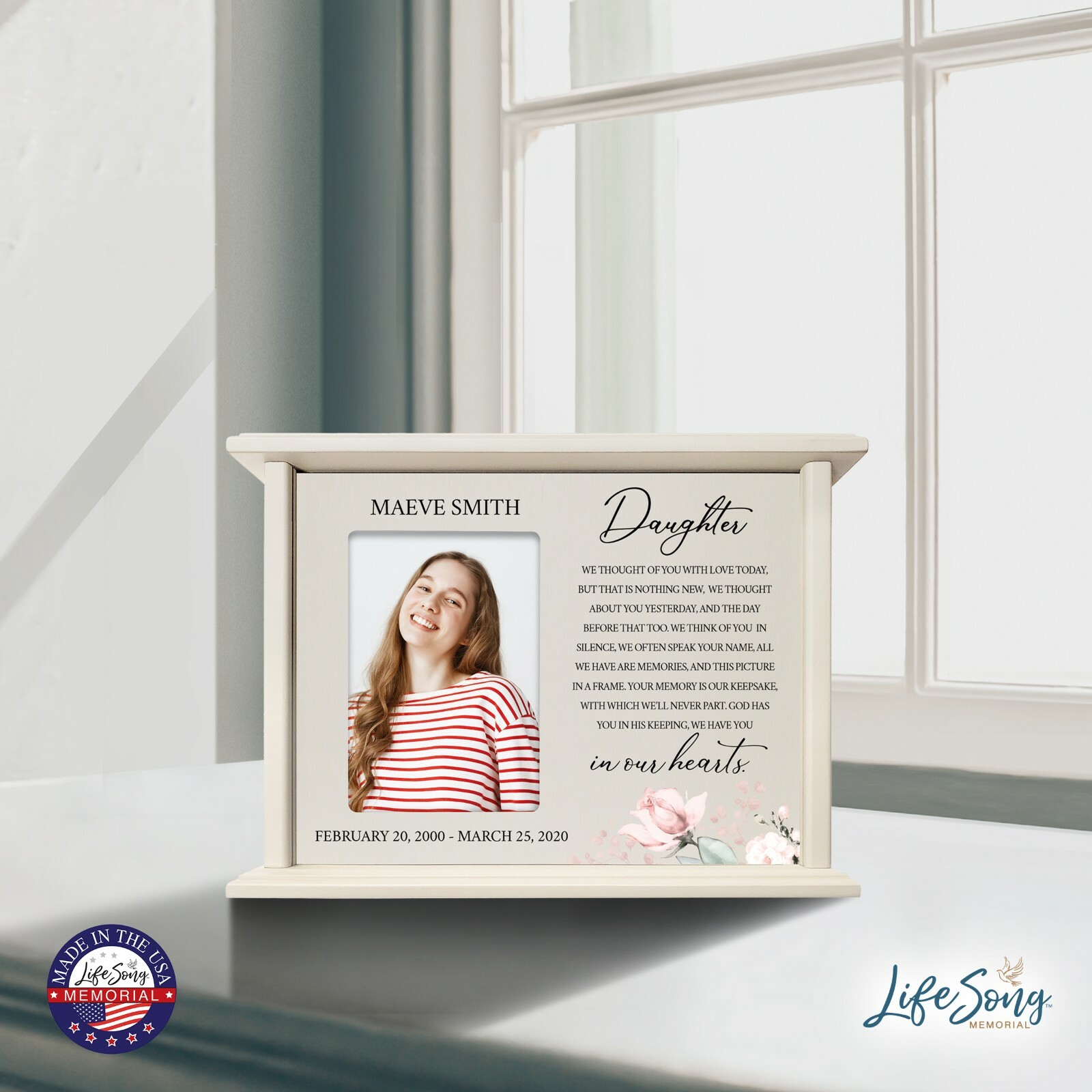 Custom Cremation Urn Box Holds 200 cu in w/ 4×6 Photo – We Thought of (Daughter)