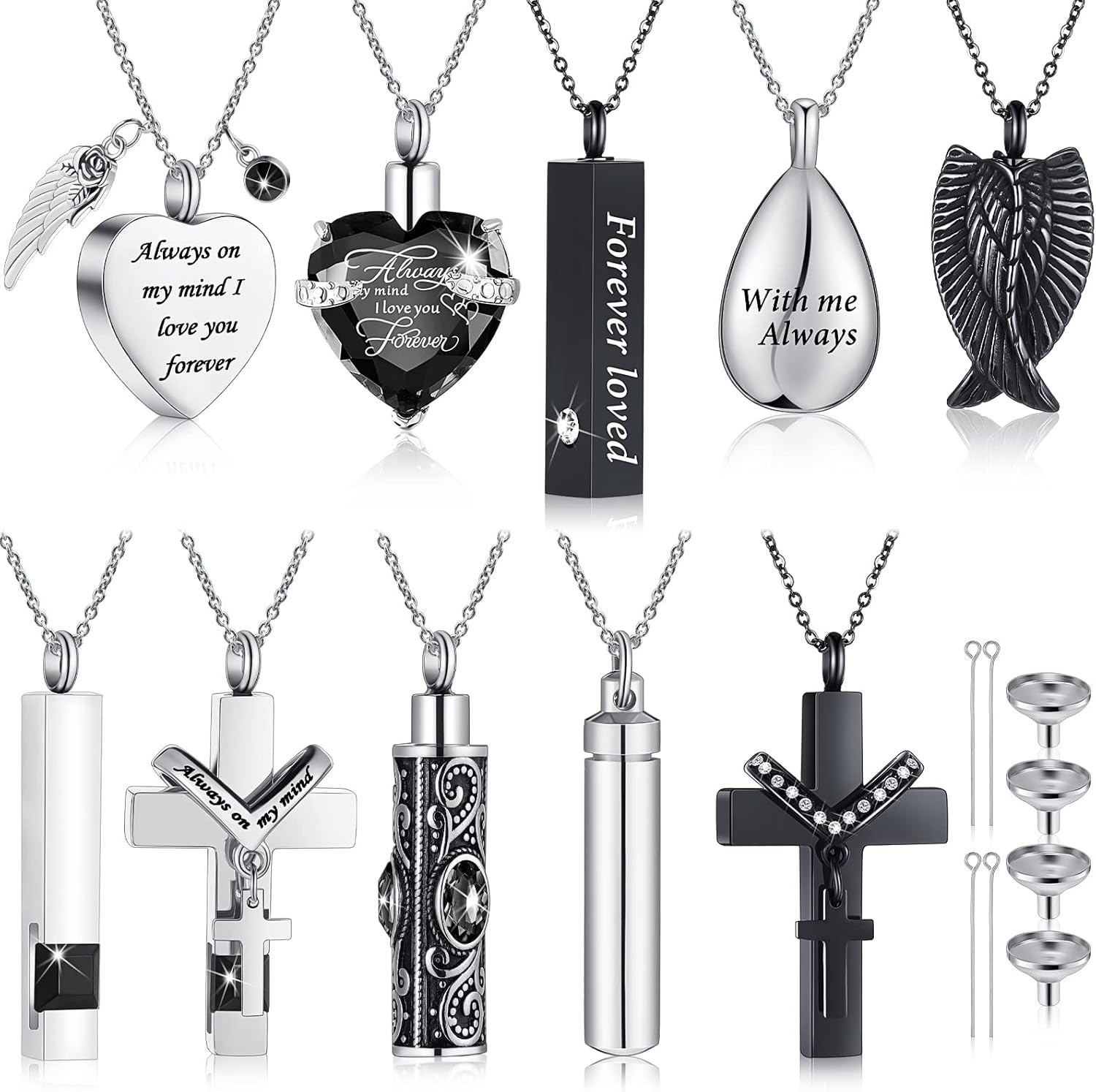 10 Pcs Ashes Necklace Set – Memorial Jewelry with Wings & Cross Keepsakes