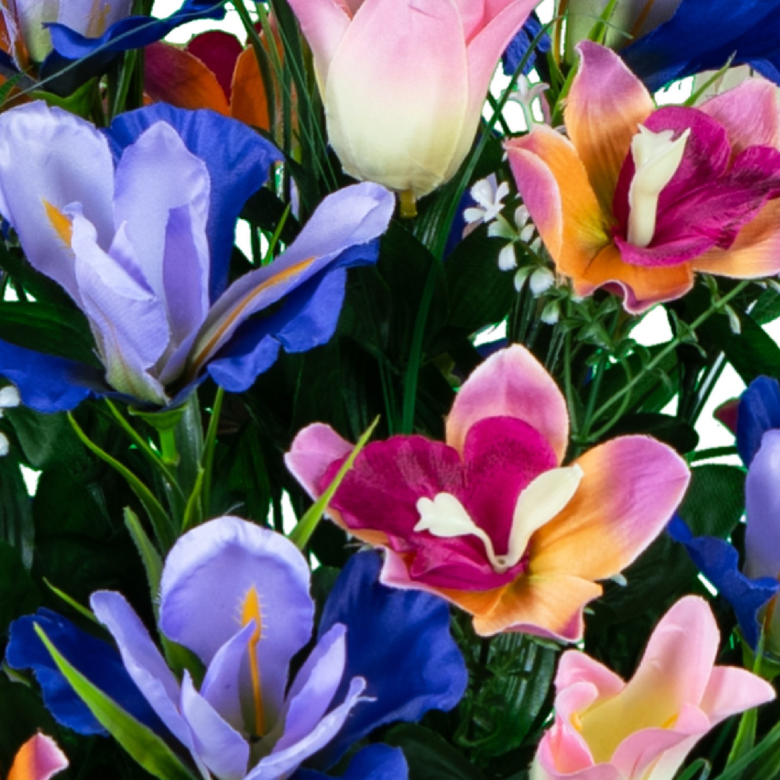 Artificial Cemetery Flowers -Cream Pink Tulips and Purple Iris Saddle & Bouquet