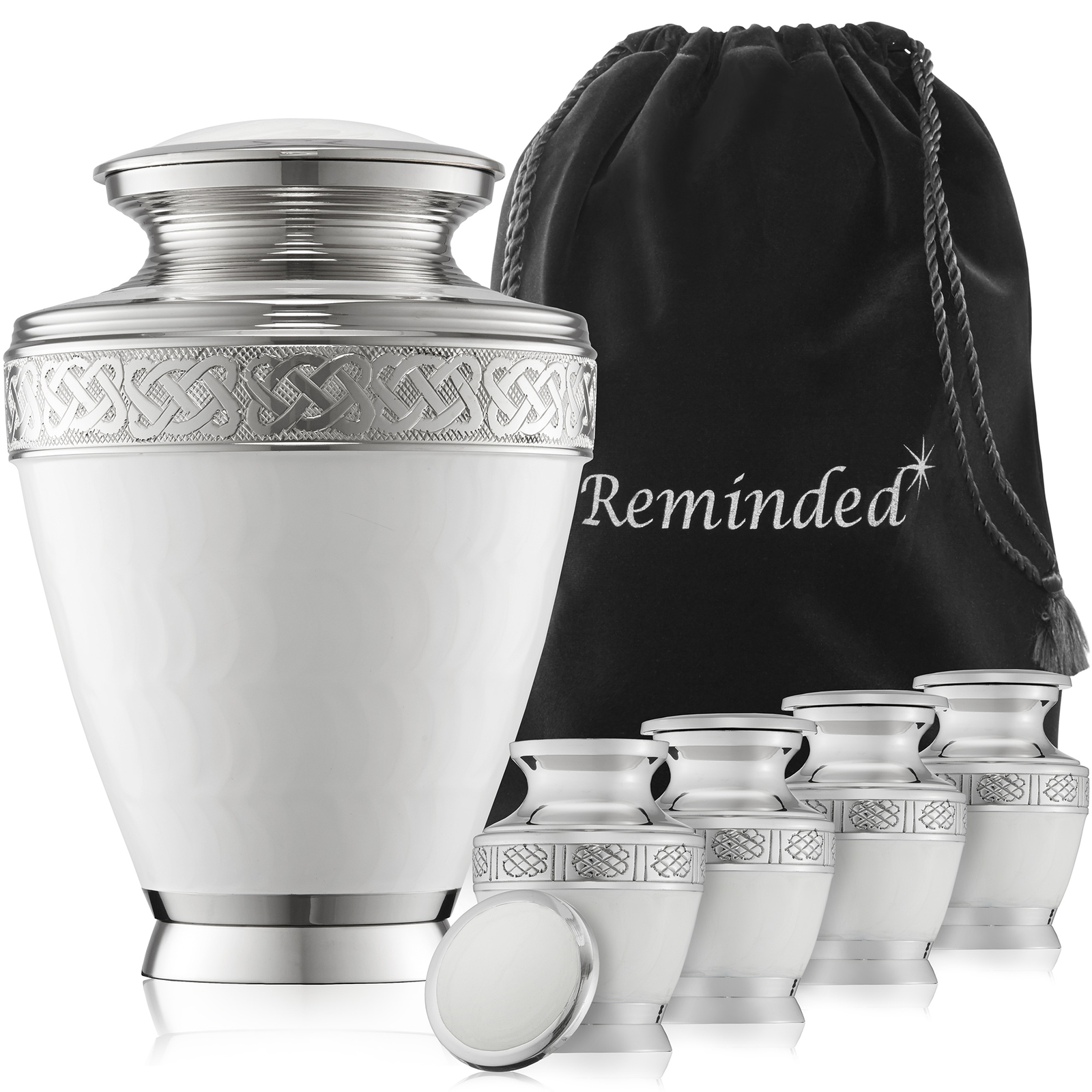 Set of 5 White Celtic Cremation Urns for Human Ashes – 1 Adult + 4 Keepsake Mini