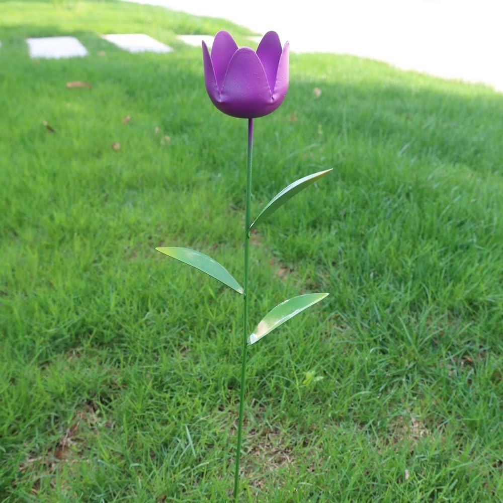 Metal Flowers for Outside,3 Pack 16” Decorative Garden Stakes Colorful Tulip…