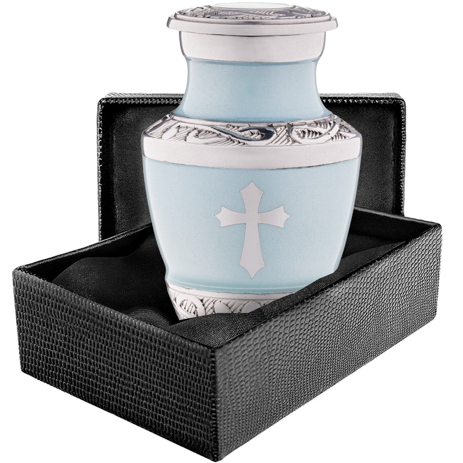 Small Blue Urn for Ashes God Cross – Religious Jesus Catholic Keepsake Mini