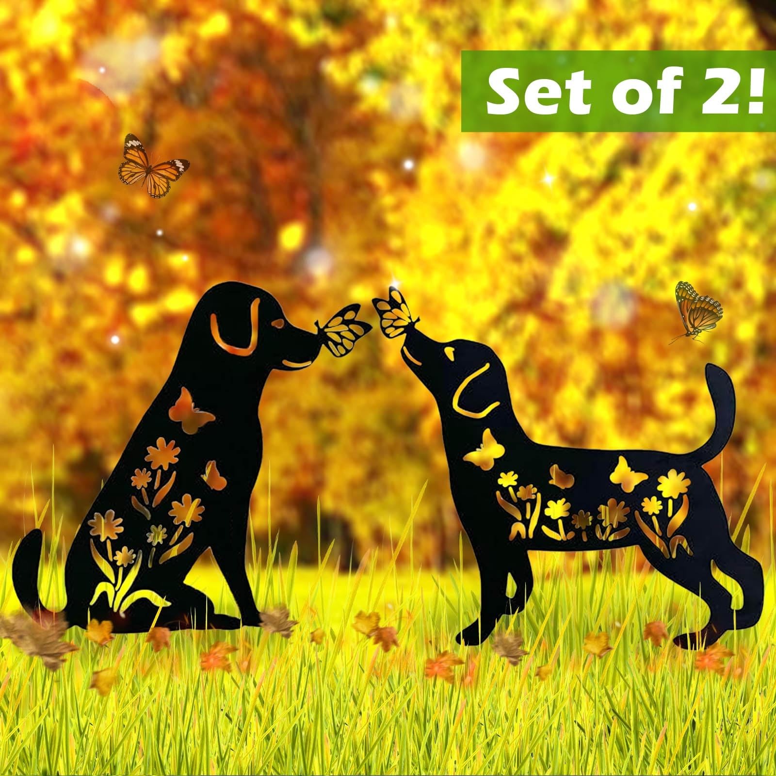 2 Pack Metal Dog Garden Decor for Outside – Unique Dog Statues, Decorative Ga…