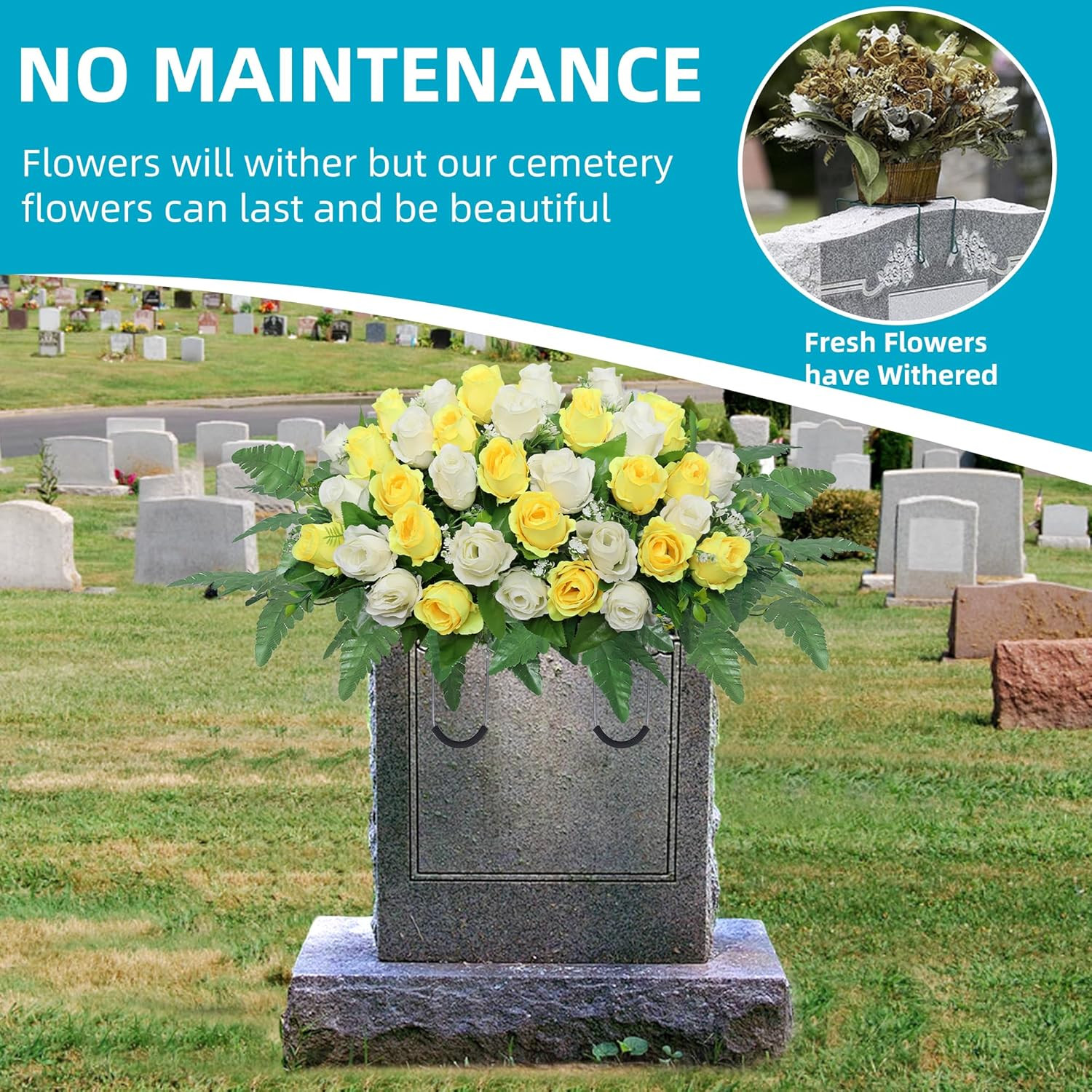 Artificial Cemetery Flowers Saddle – Grave Decoration Headstone Flower Rose for