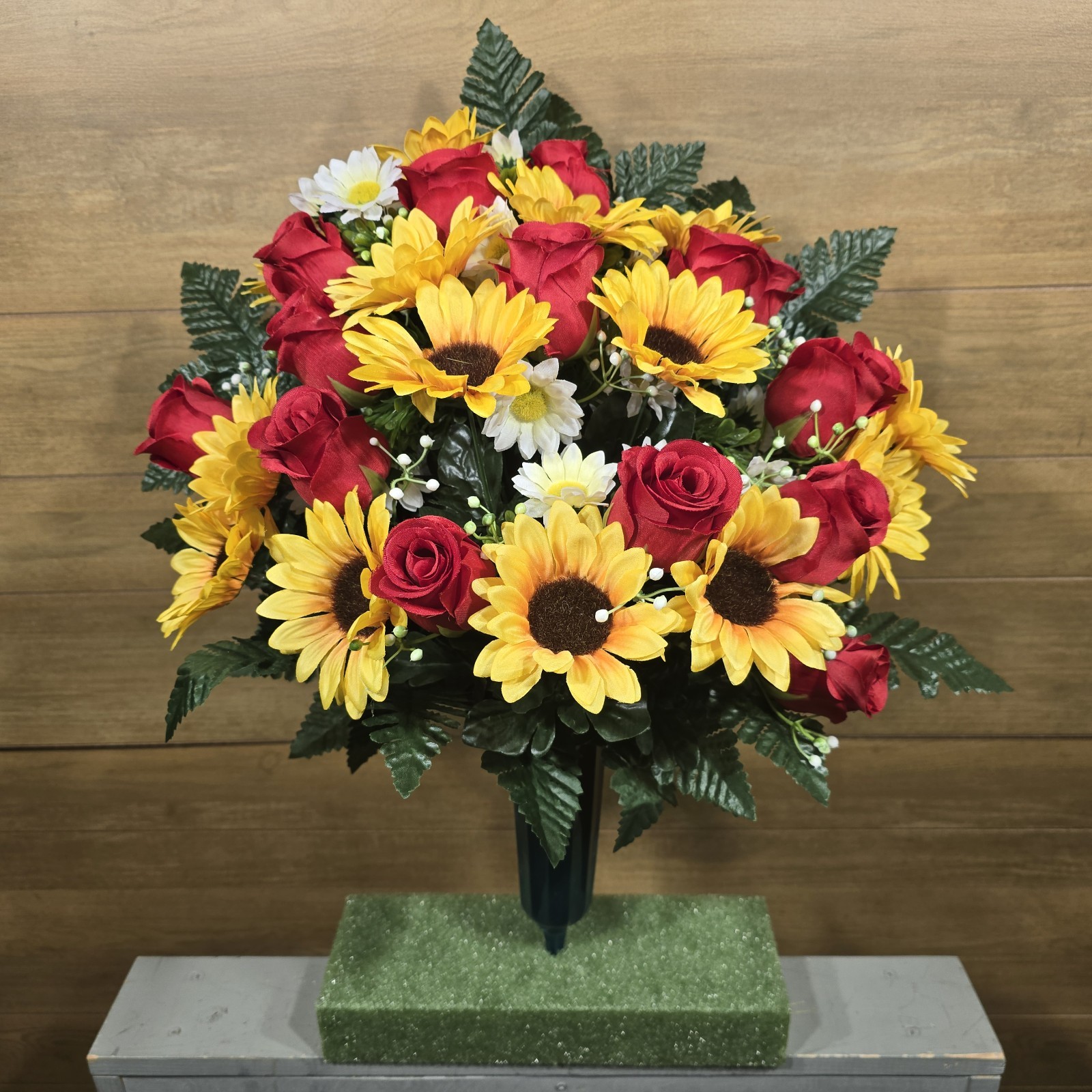 SUNFLOWER CEMETERY VASE MEMORIAL DECORATION WITH RED ROSEBUDS AND SUNFLOWERS