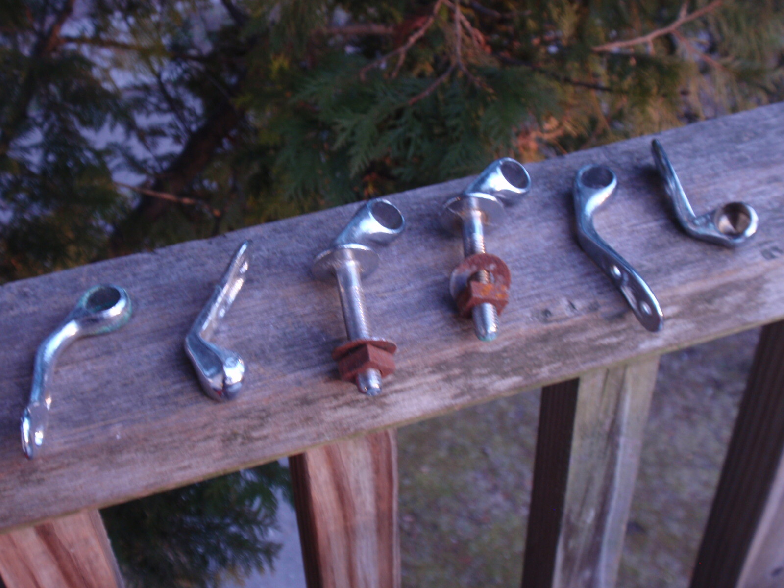 LOT OF 6 VINTAGE STAILESS STEEL / CHROME MEDICAL HANDLES , CLAMPS FUNERAL HOME