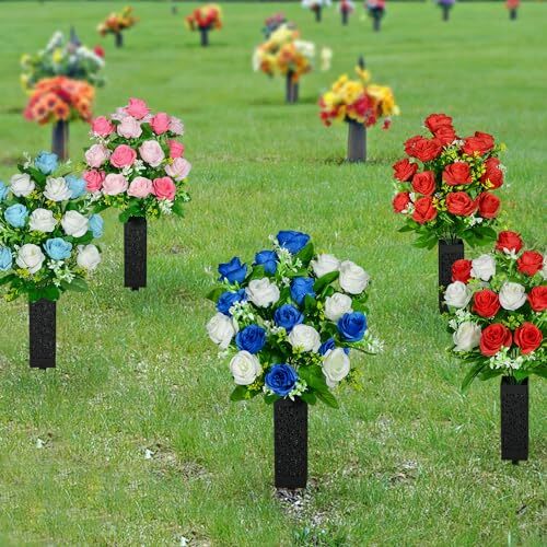 Artificial Cemetery Flowers, Grave Memorial Flowers with Vase, DBW18T