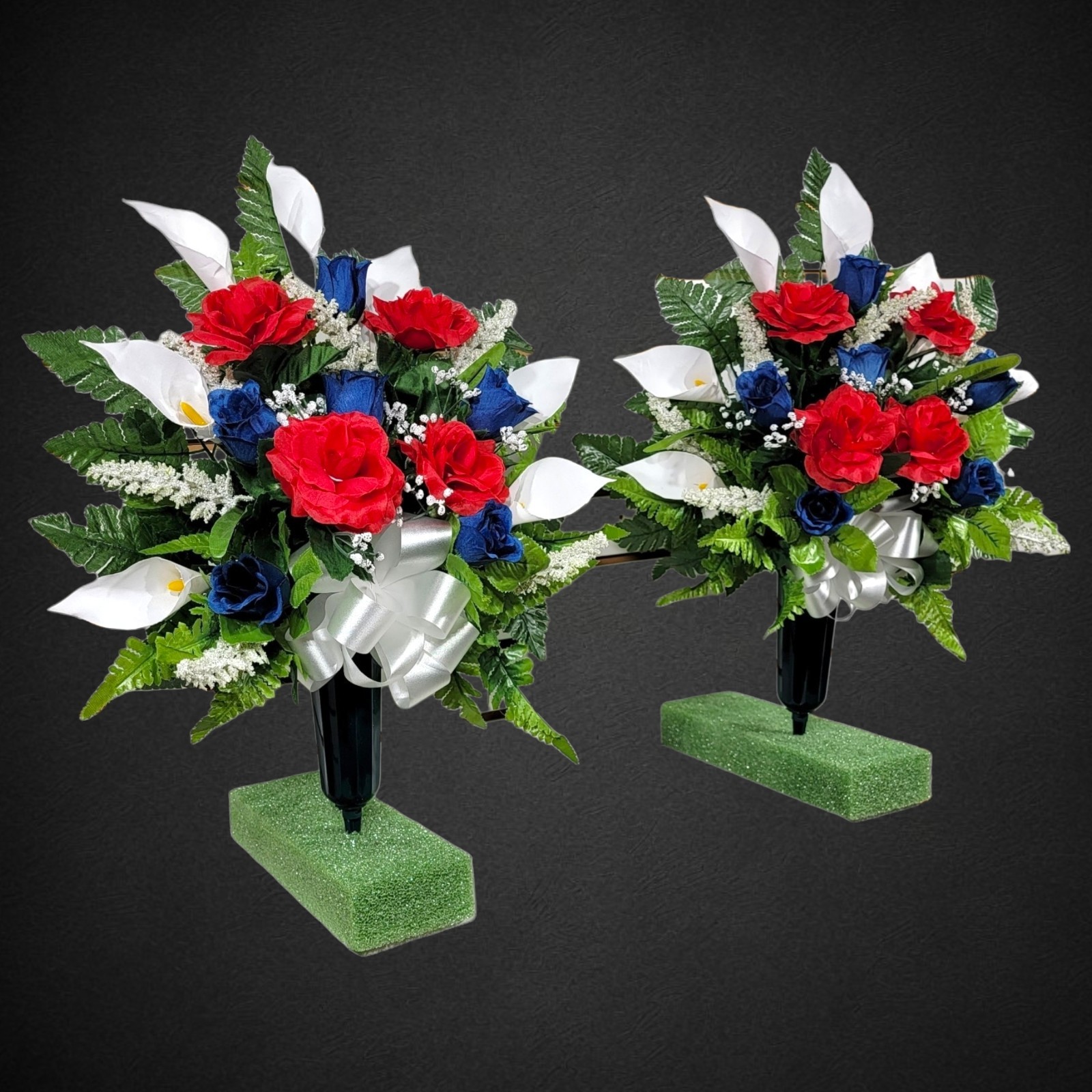 Red, White, &Blue Calla Lily Rose Cemetery Cone Pair