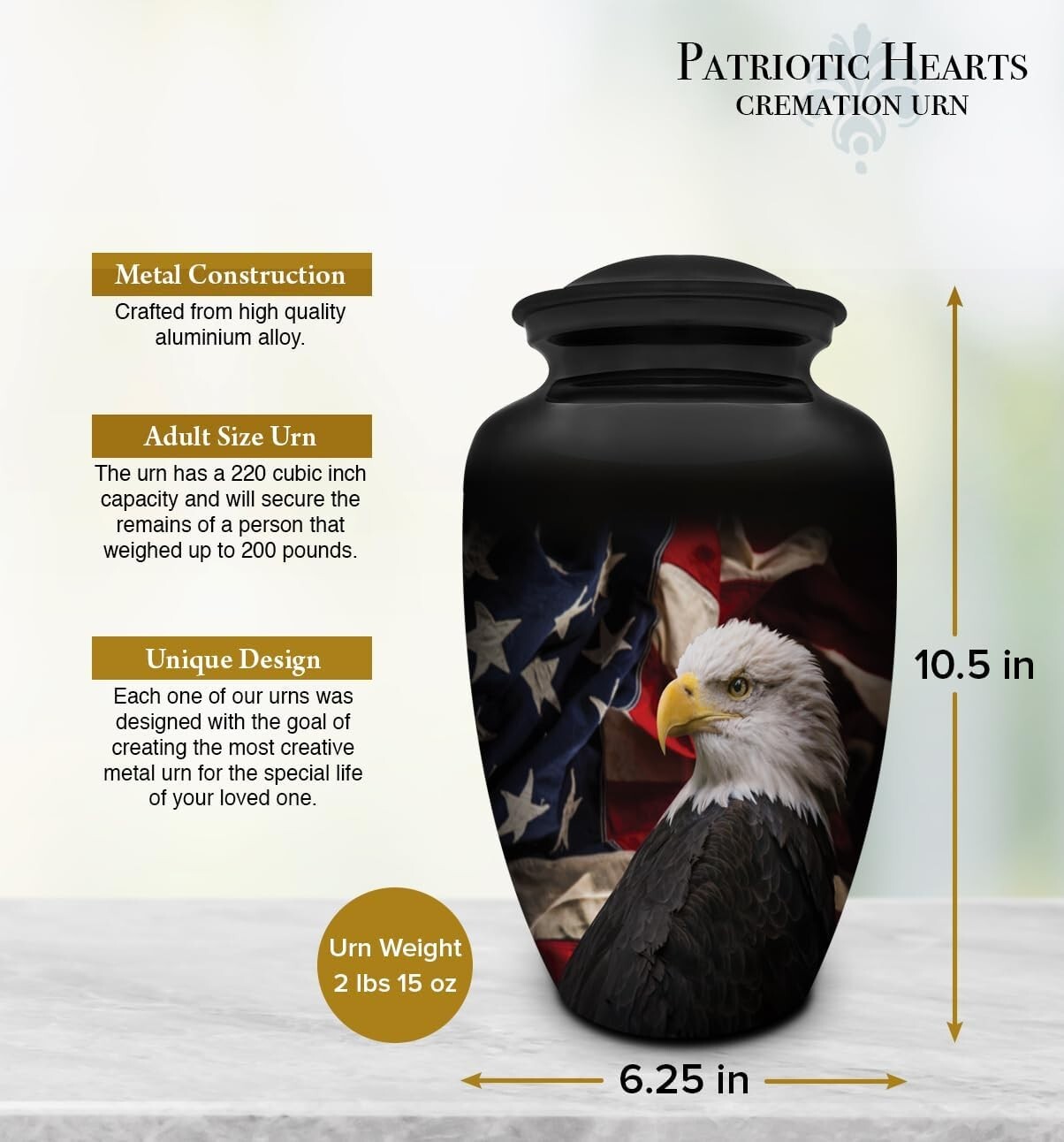 Beautiful Handmade Cremation Urn with Eagle and Flag – Secure & Durable Design