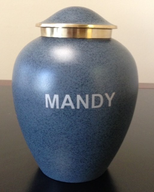 Pet Urn, Beautiful Blue Solid Brass Paw Cremation Urn, New, 5.5″ Holds 40 pounds