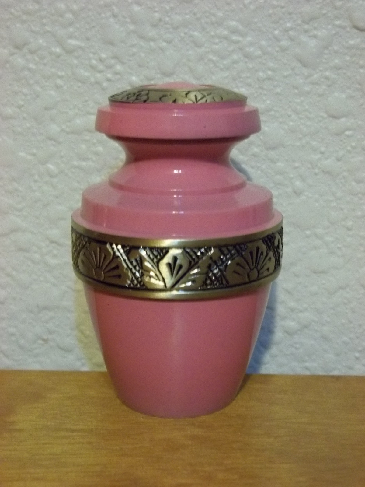 Pink Banded Brass Keepsake Token Mini Urn w/Velvet Bag~~2 5/8″