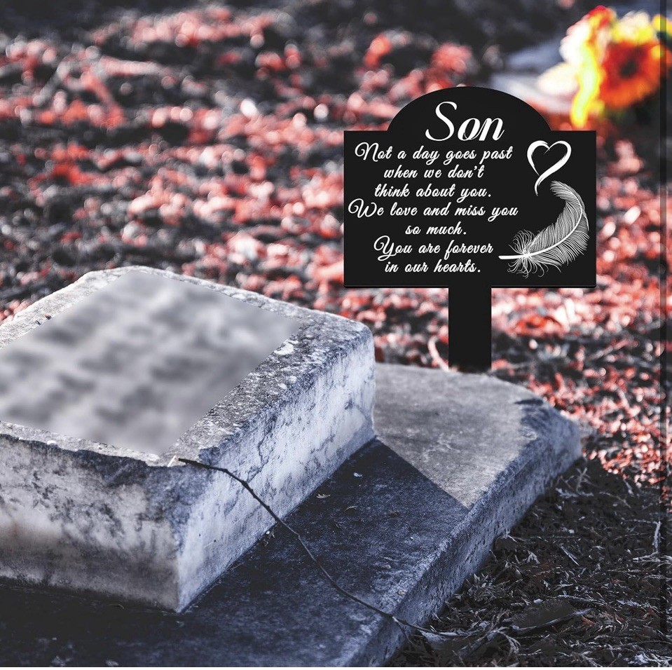 Memorial Grave Stake for Son – 13.8 × 7.9 inch Weatherproof Metal Grave Marker