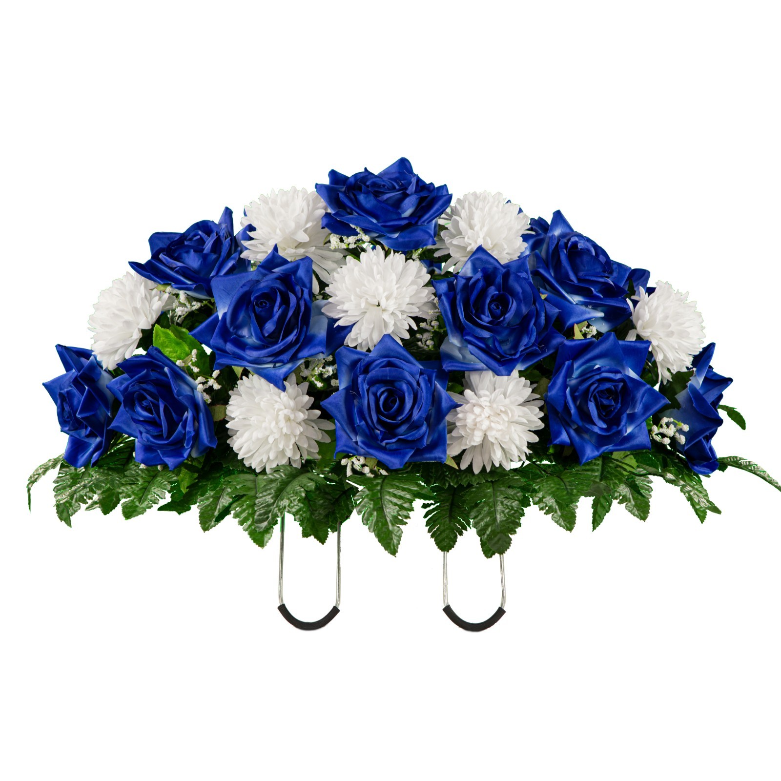 Artificial Gravesite Flowers- Sapphire Blue Open Rose with White Mum Saddle