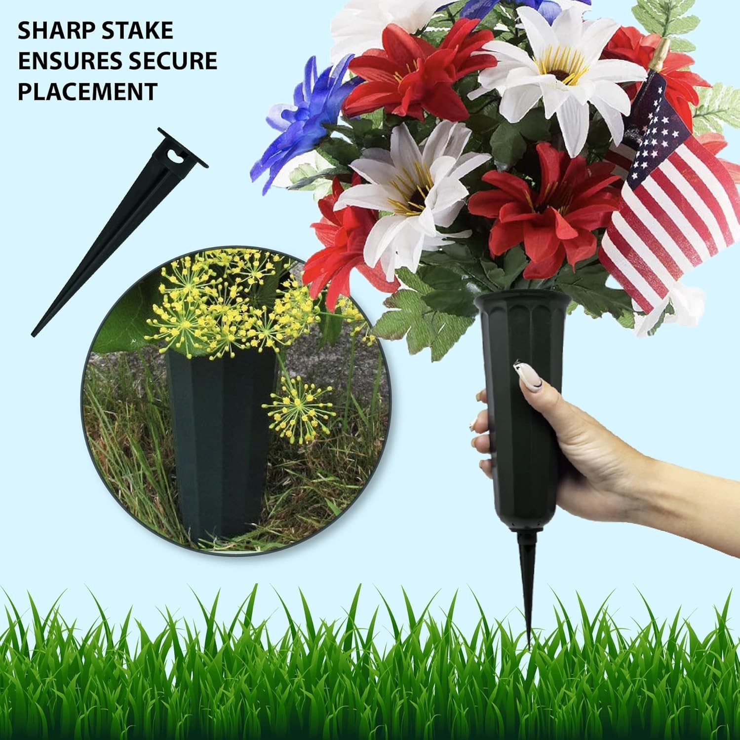 6pk Memorial Floral Vase 7 Inch Green Polypropylene Cemetery Ground Stakes