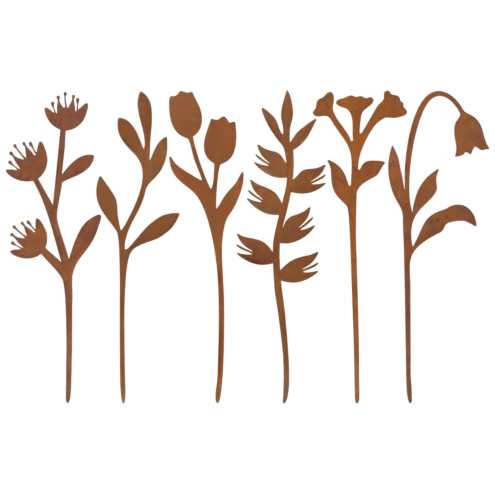 Garden Decor for Outside, 6 Pcs Rusty Metal Flower Garden Stakes with Fern Leaf