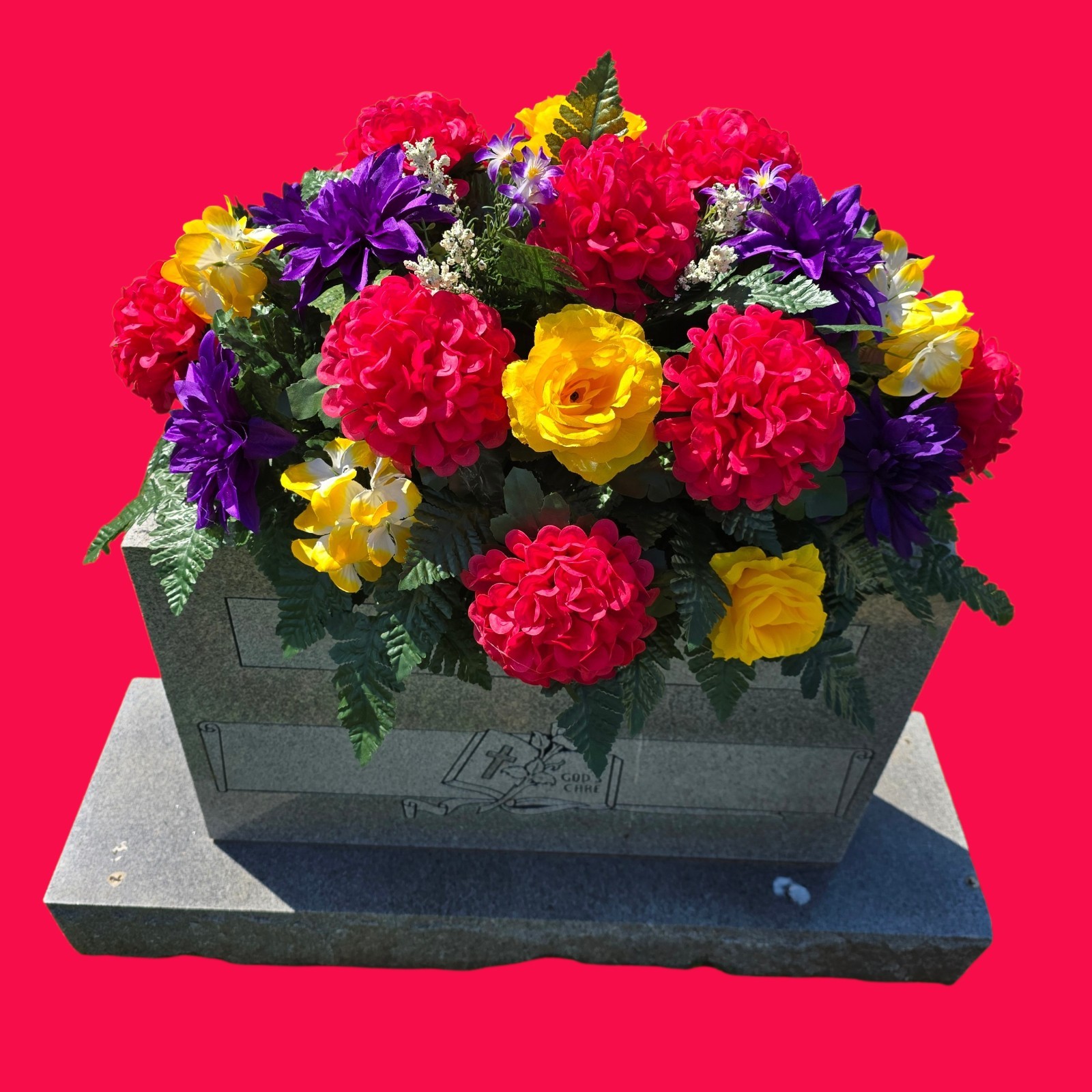 PURPLE,YELLOW, AND PINK CEMETERY HEADSTONE SADDLE WITH CEMETERY FLOWERS