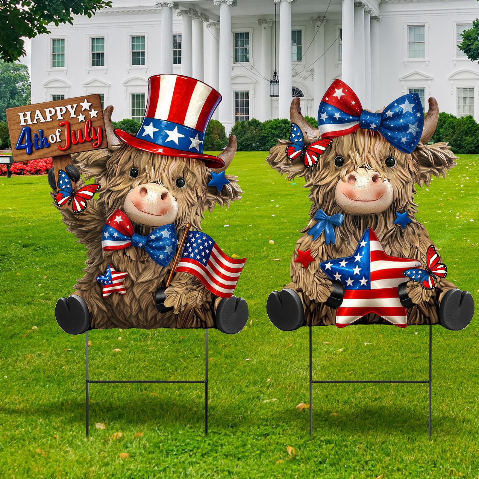 Amyhill 2 Pcs 4th of July Metal Outdoor Decor Garden Stakes Patriotic Highlan…