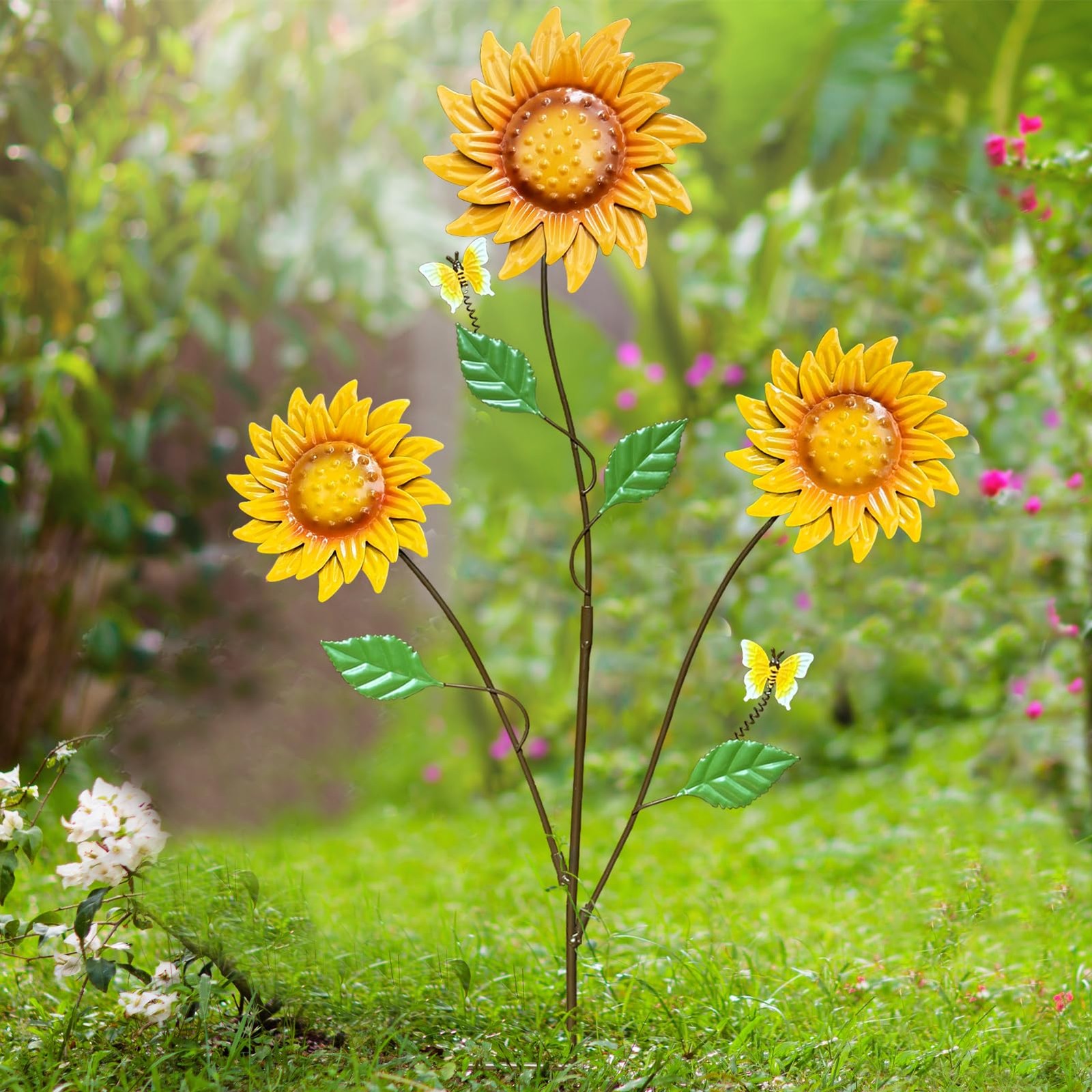 30″ Metal Flowers for Outside Garden Stakes Decorative – 3-Head Sunflower Met…