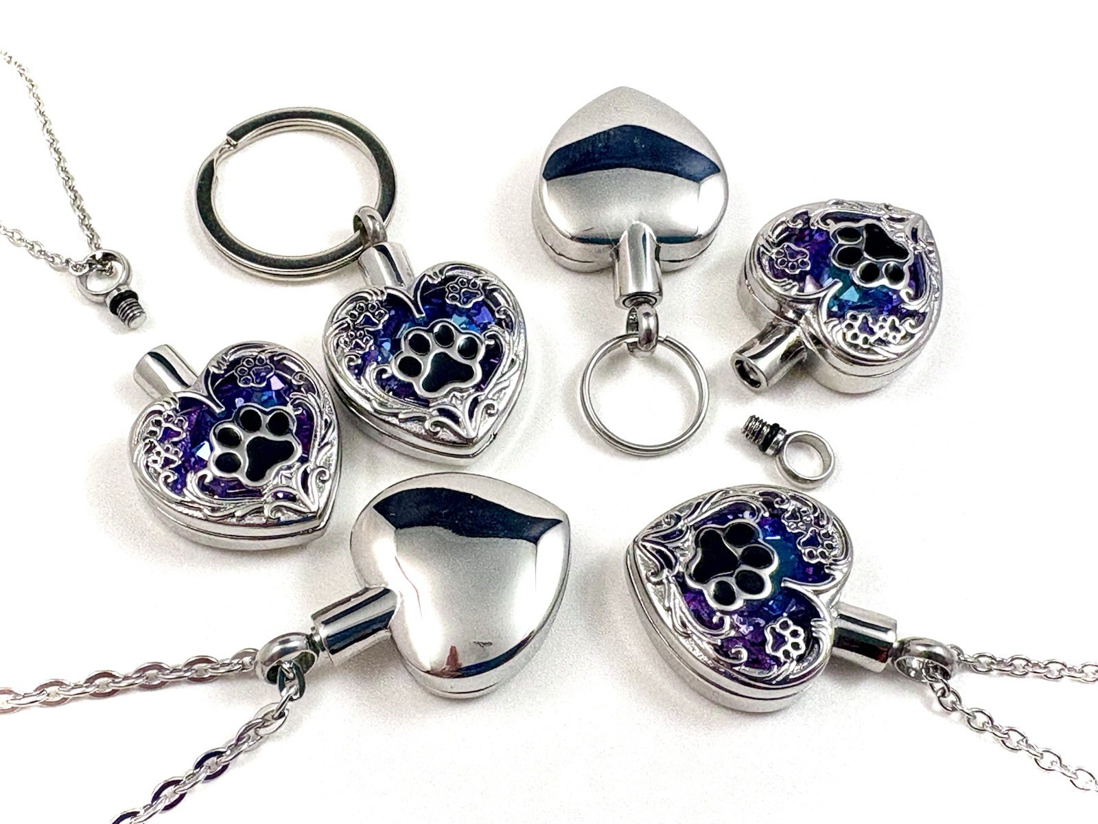 Keyring Urn .5″ Key Chain Pawprints Pet Cremation Pendant Ashes Dog Cat Purple