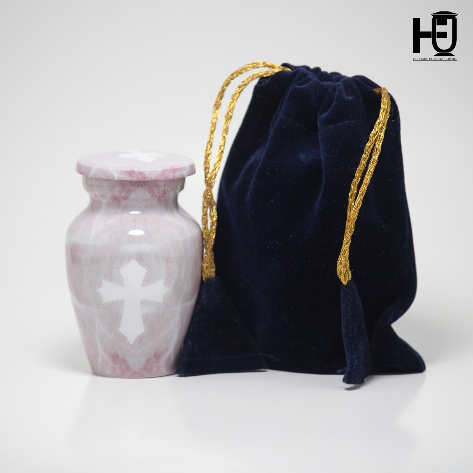 HFU-Elegant Metal Cremation Urn with Light Pink Marble Design and White Cross