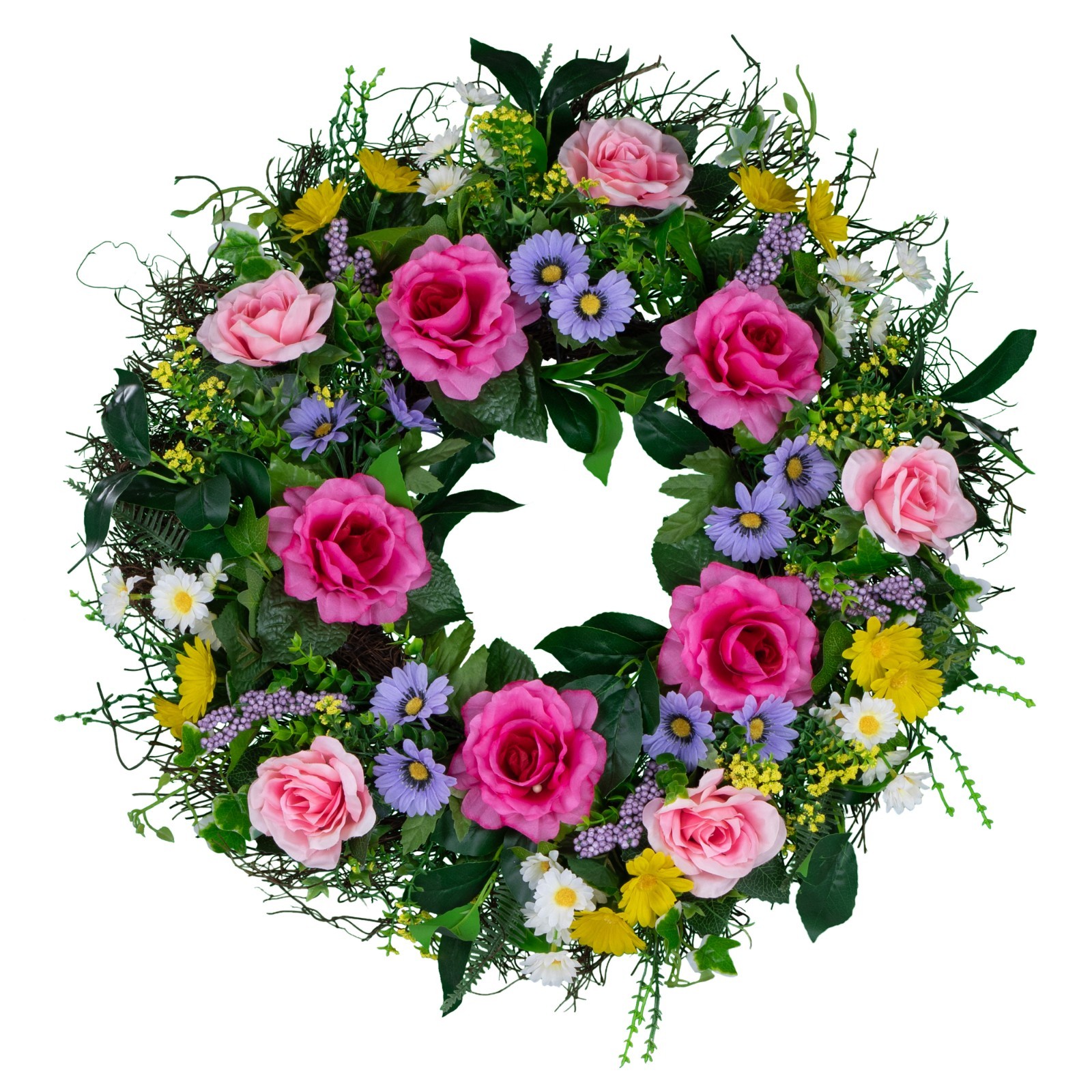 Artificial Silk Arrangement – Pink Roses and Multicolored Daisies Wreath