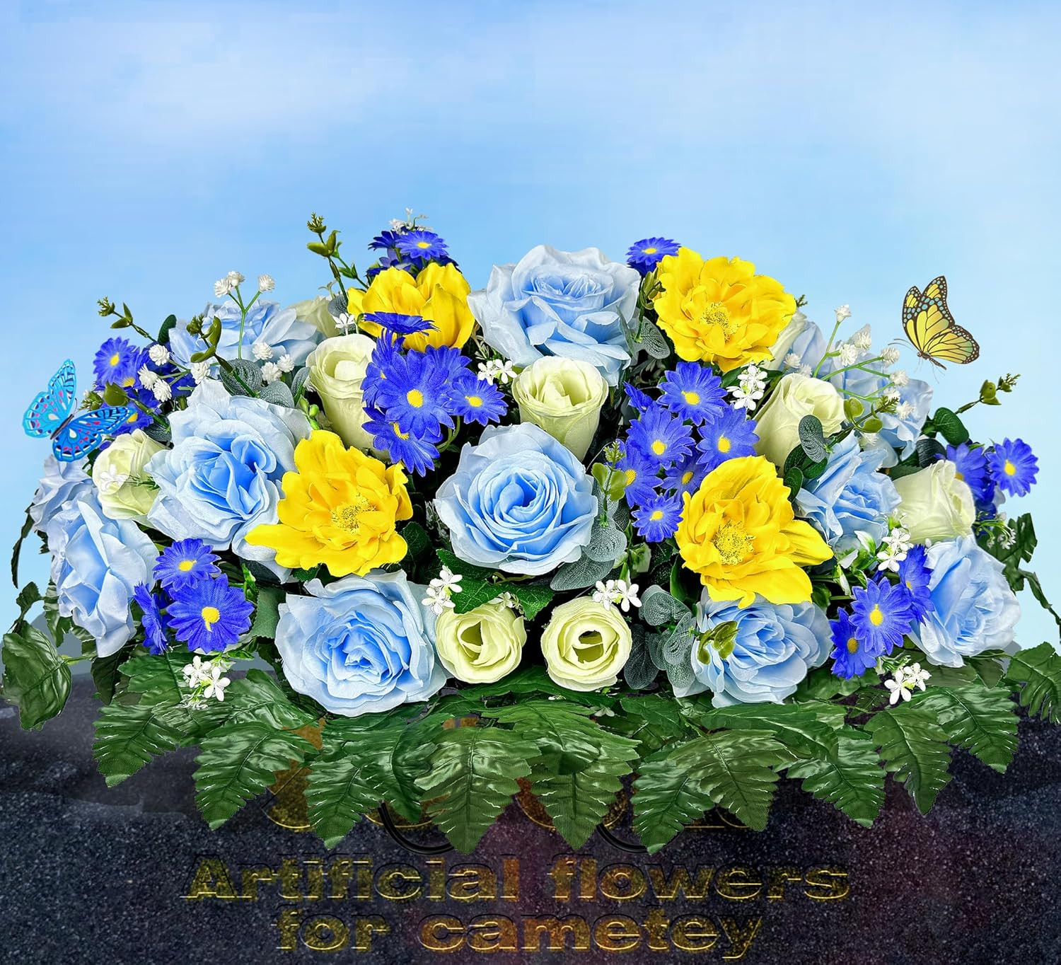 Silk Flower Saddle for Grave Decor – Blue & White Memorial Bouquet