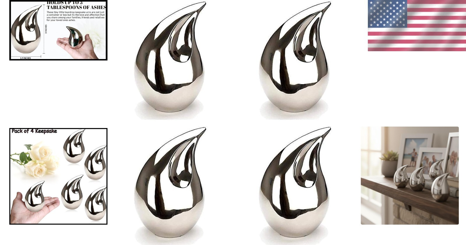 4 Pcs Unique Silver Teardrop Keepsake Urns for Ashes – 3 Inch Size