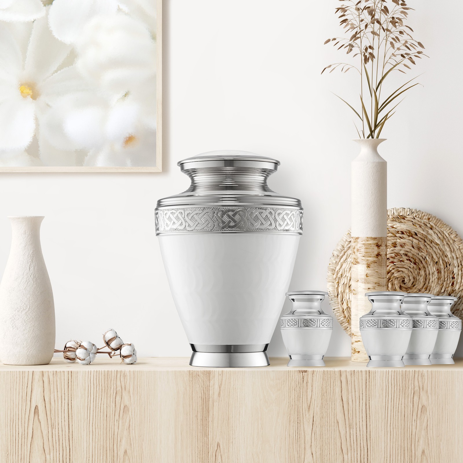 Set of 5 White Celtic Cremation Urns for Human Ashes – 1 Adult + 4 Keepsake Mini